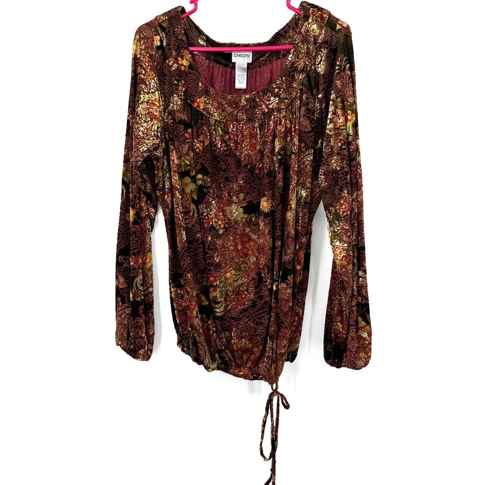 Chico's Size 2 Large Long Sleeve Blouse Top Shirt‎ Tie Waist Floral Print